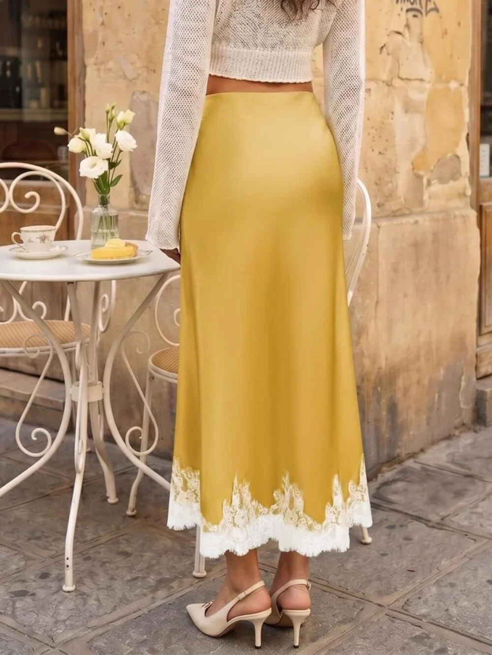 High Waisted Satin Midi Skirt with Lace Trim | Elegant Long Skirt for Women